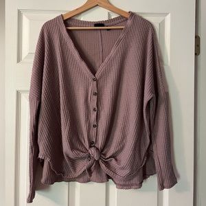 Pink Urban Outfitters Tie-Front Waffle Long-Sleeve Shirt, Size S